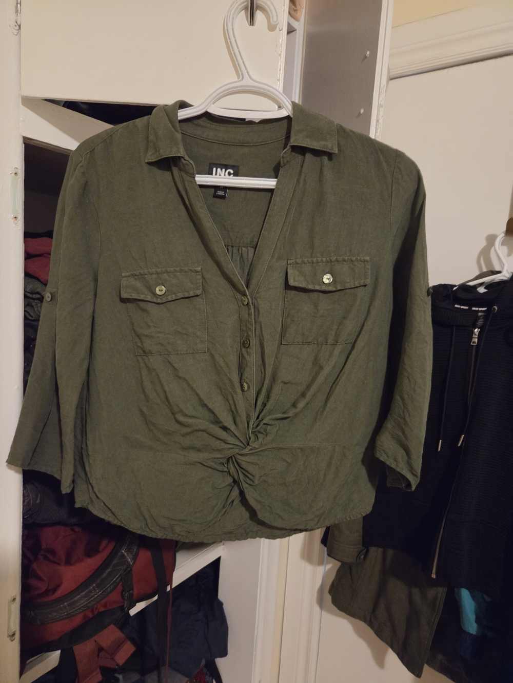 INC International Concepts Olive Green Twisted Front Button Shirt